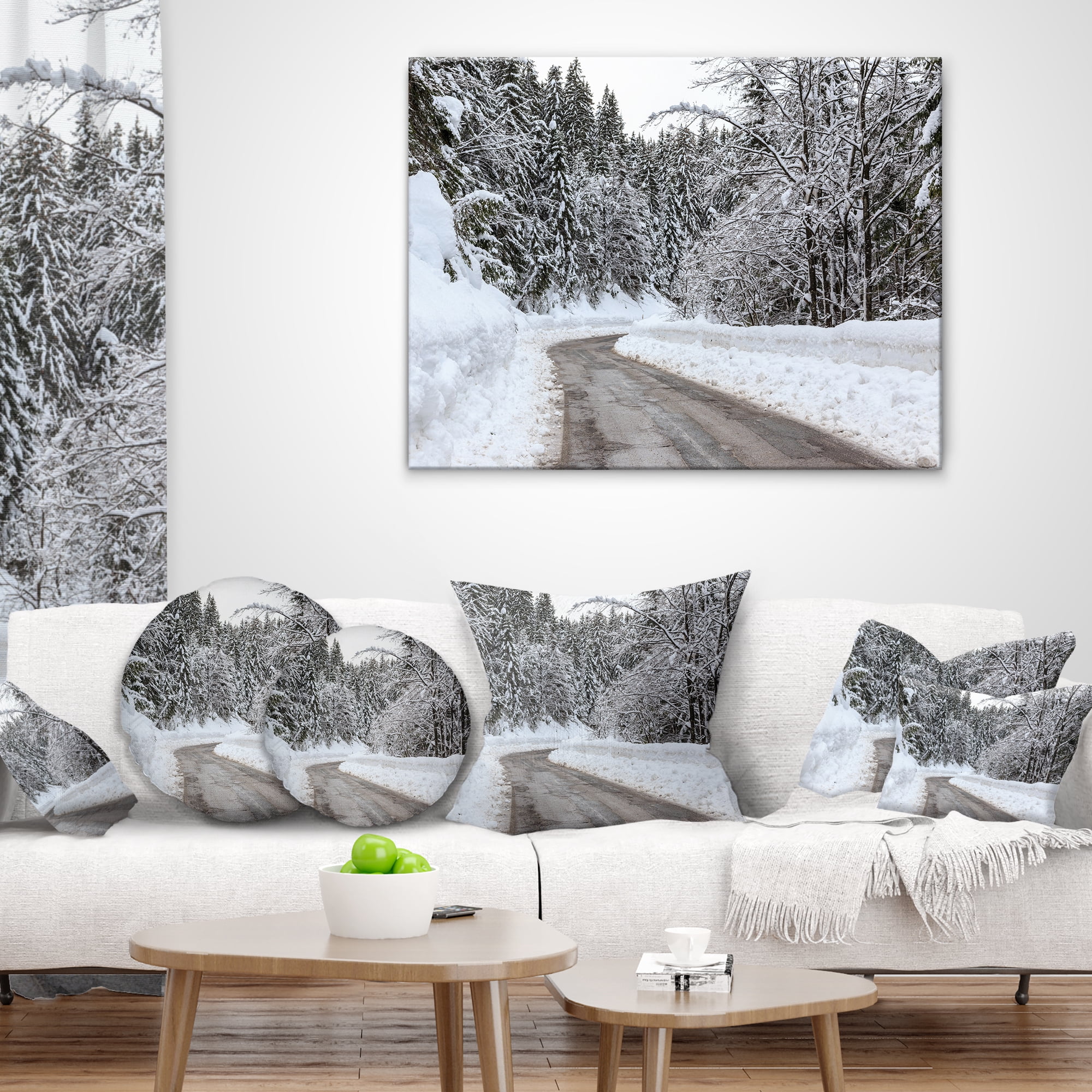 Designart Foggy Winter Road in Slovenia - Landscape Printed Throw Pillow - 12x20