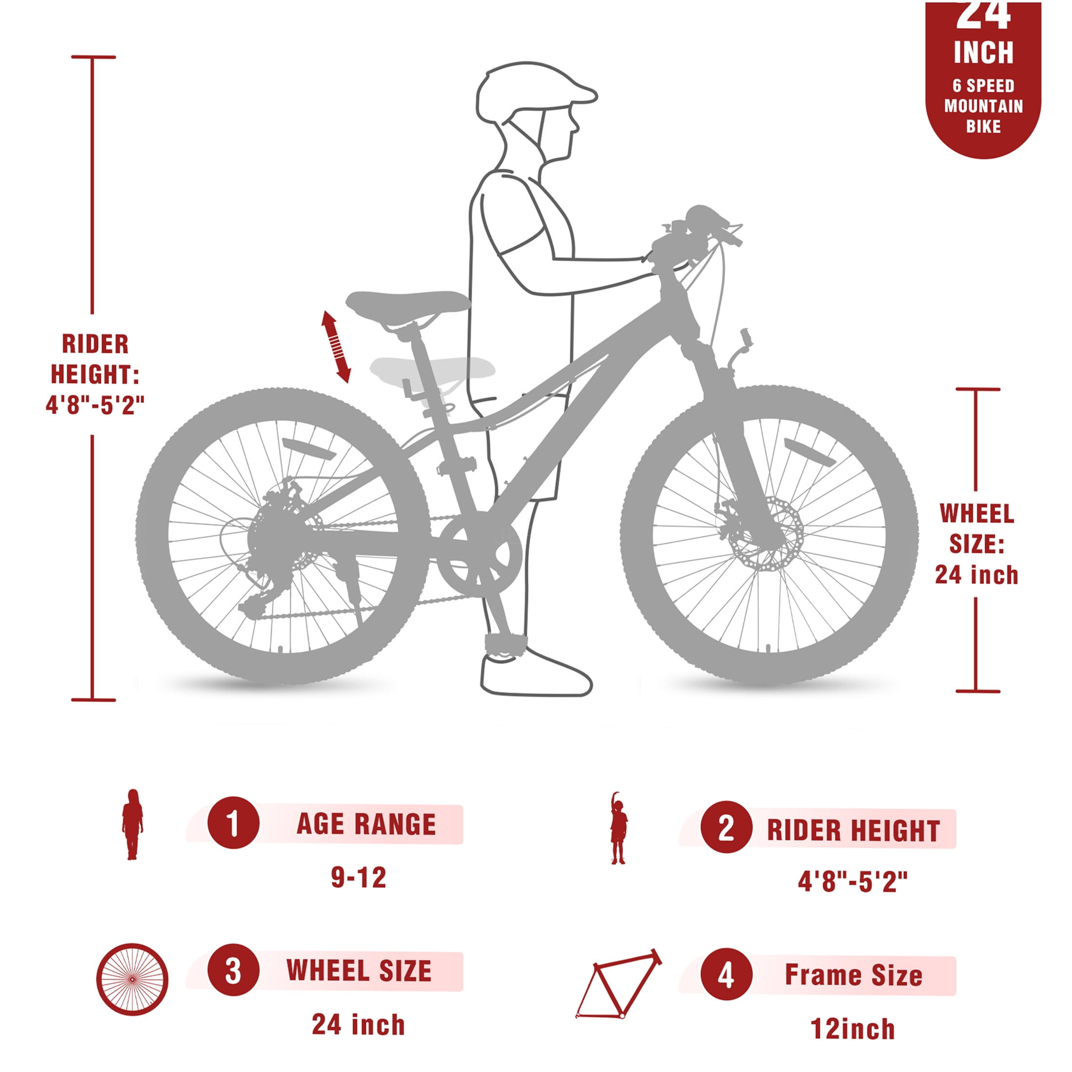JERFIT 24 inch Kids Mountain Bike with 6-Speed Shimano Gears, Front Suspension Fork & Dual Disc Brakes for Boys and Girls Age 9-12, Red Steel Frame