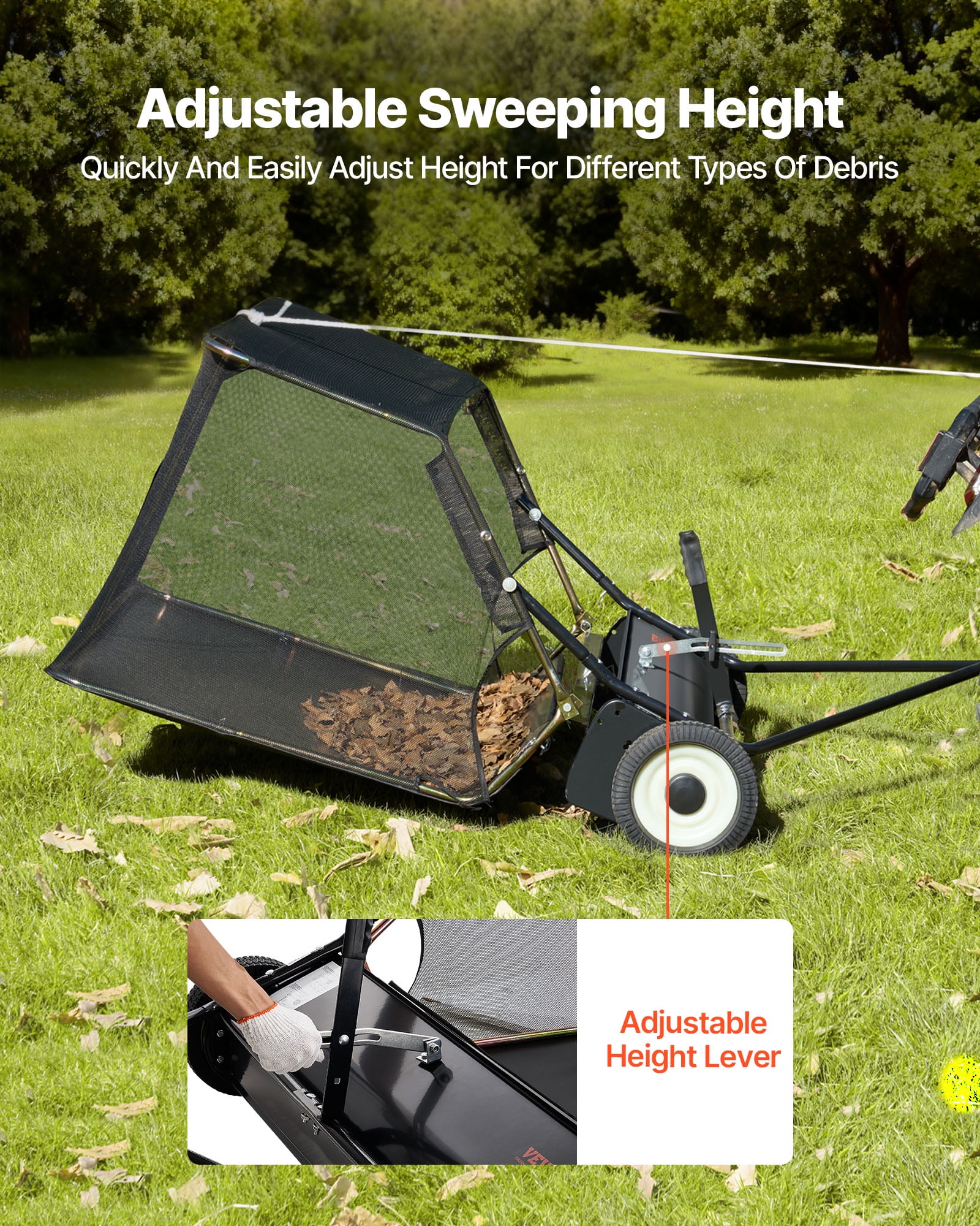 VEVOR 52 in Tow Behind Lawn Sweeper, 26 Cu.ft. Large Yard Sweeper, Adjustable Sweeping Height, Heavy Duty Leaf & Grass Collector with Dumping Rope, Pull Behind Sweepers for Debris Grass Clippings