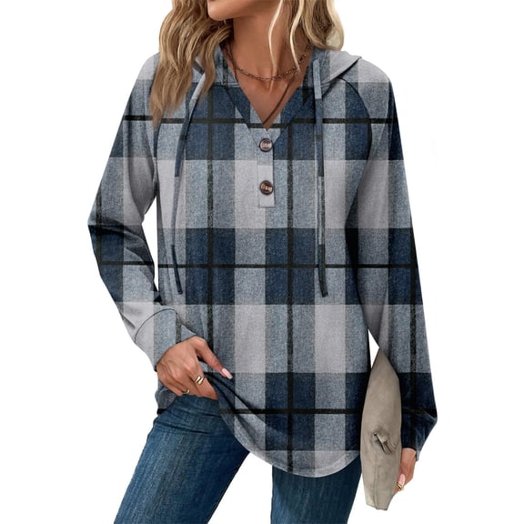 Stichou Womens Soft Fleece Plaid Hoodie Sweatshirts Casual Long Sleeve Henley Shirts Winter Fashion Clothing Blue M