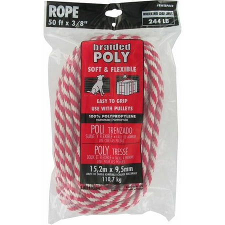 Lehigh Group RWSBP850W Red and White Polypropylene Solid Braid Derby Rope, 3/8" x 50'