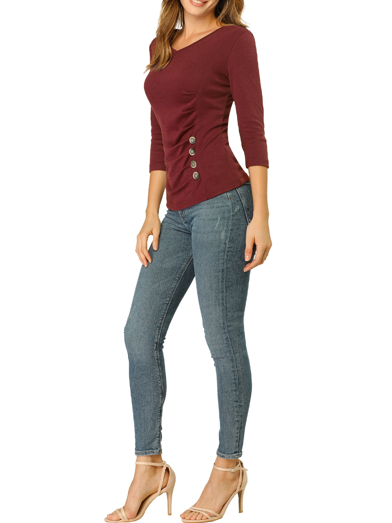 DARING DIVA V Neck Knitted Buttons Decor Ruched Blouse Top S Burgundy