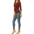 thumbnail image 2 of INSPIRE CHIC Women's Ruched Blouse Button Decor V Neck 3/4 Sleeve Solid Knit Top M Burgundy, 2 of 7