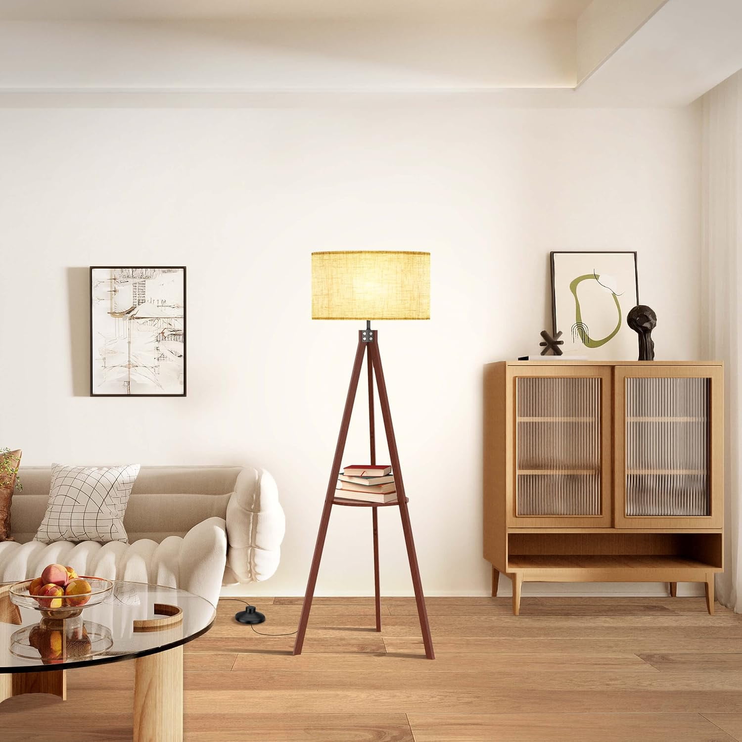 LEPOWER Tripod Floor Lamp, Mid Century Wood Standing Lamp, Modern Design Shelf Floor Lamp for Living Room, Bedroom, Office, Flaxen Lamp Shade with E26 Lamp Base Brown