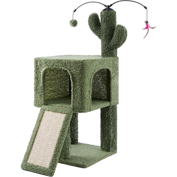 32" Cactus Cat Tree for Indoor Cats, 2-in-1 Cat House with Sisal Scratching Post & Ramp, 2-Level Cat Tower with Rotatable Feather & Ball Toys, Stable Cat Condo for Small/Medium Cats, Green
