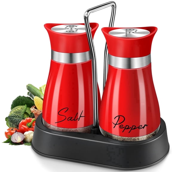 2-Pack Salt and Pepper Shakers, 4 oz Stainless Steel Glass Spice Jars with Base Handle for Kitchen (Red)