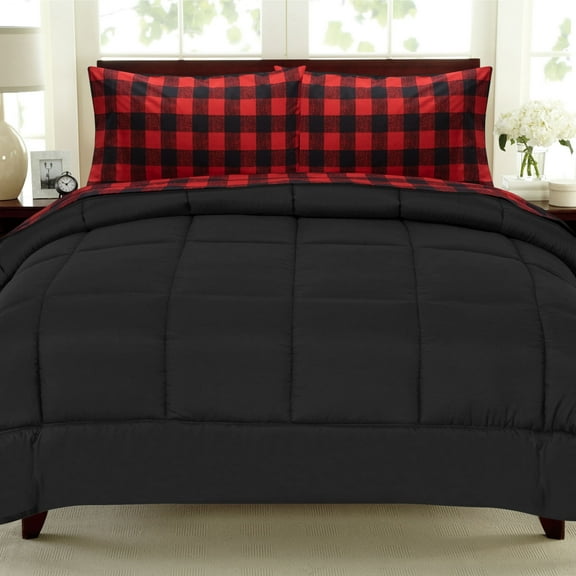 5 Piece Buffalo Check Sheet and Comforter set Burgundy Black