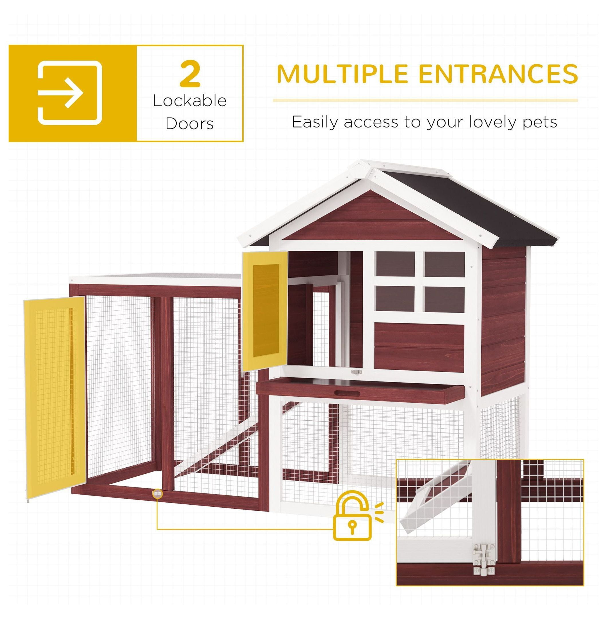 PawHut Large 48" Wooden Bunny Hutch with Weatherproof Asphalt Roof, Spacious Outdoor Rabbit Cage, Detachable Tray and Ramp, Natural Habitat, Brown