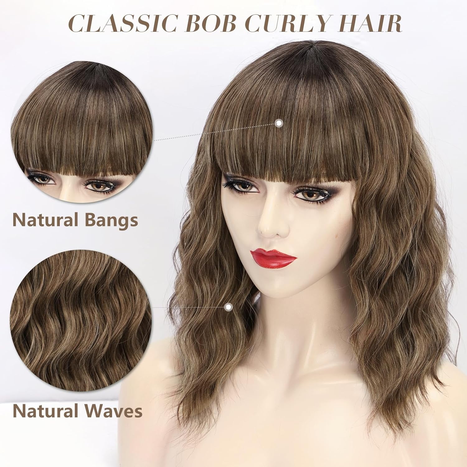 DOPI Short Wavy Wig with Bangs for Women Shoulder Length Bob Curly Women's Charming Synthetic Wigs with Natural Wavy Black To Brown Heat Resistant Hair for Daily Party Use