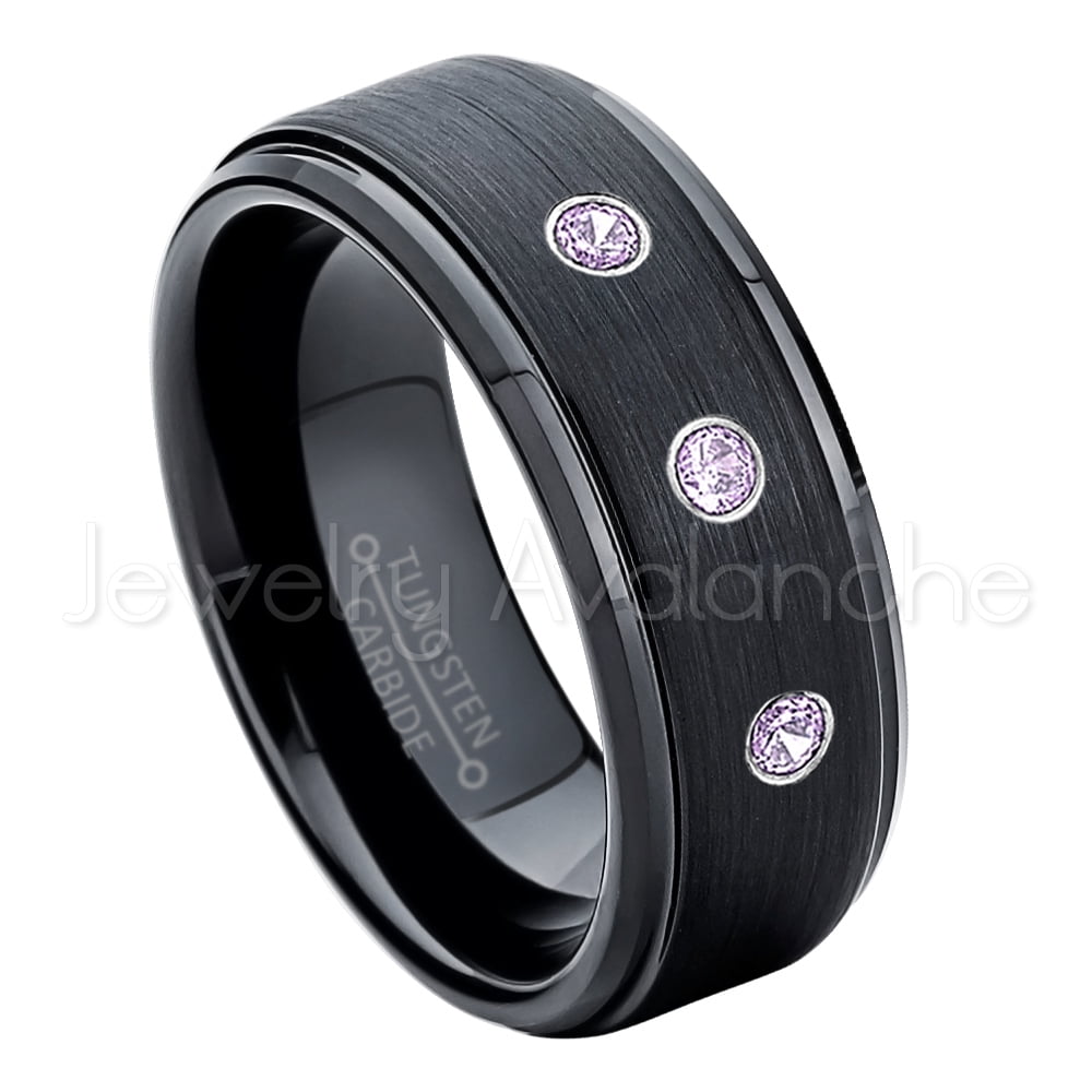 0.21ctw Amethyst 3-Stone Tungsten Ring February Birthstone Ring Jewelry Avalanche 8MM Brushed 2-Tone Stepped Edge Tungsten Carbide Wedding Band