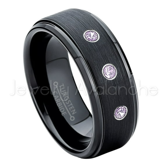 8mm Brushed Black Mens Tungsten Ring - 0.21ctw Amethyst 3-stone Band - Personalized Tungsten Wedding Ring - Custom Made February Birthstone Ring TN083BS