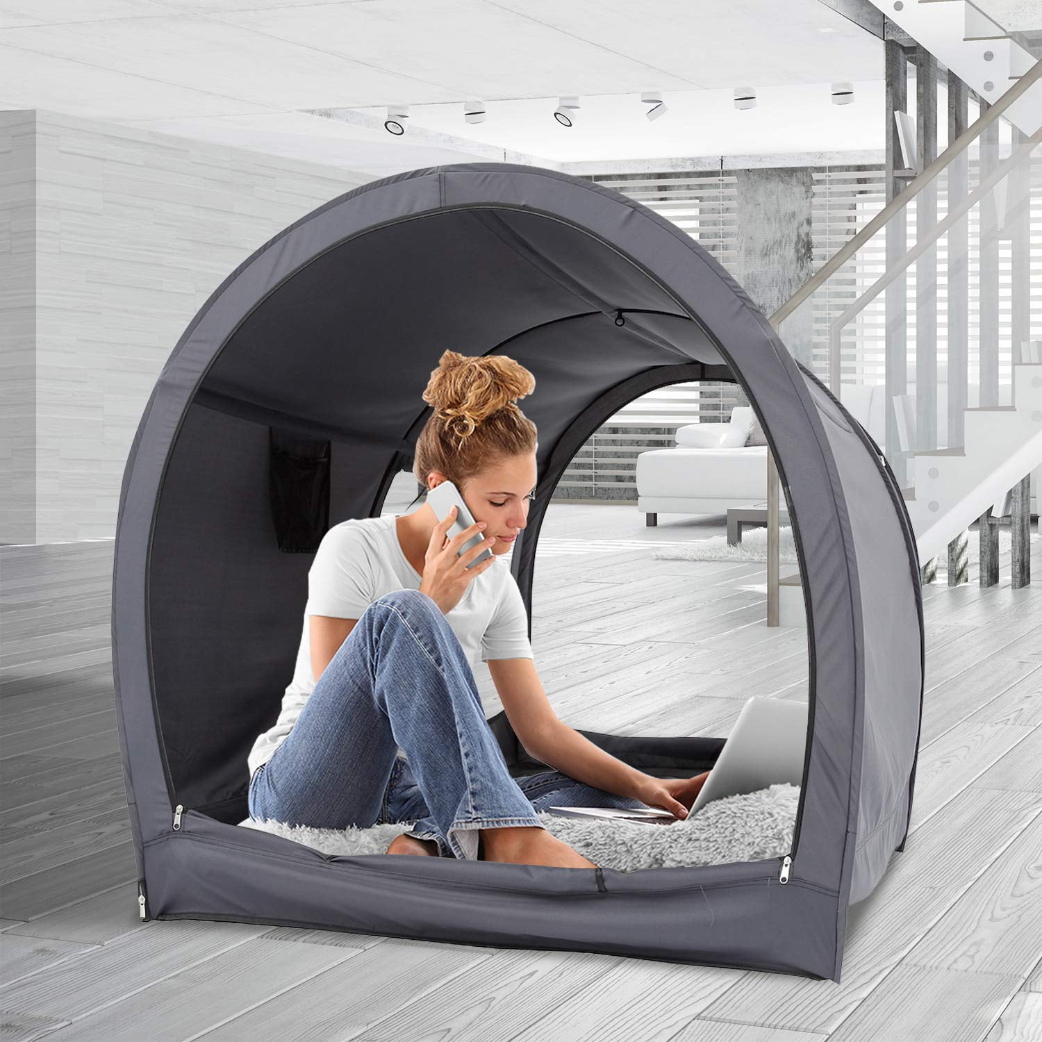Bed Canopy Tent Privacy Space Full Size Indoor Curtains Gray Cottage Unisex