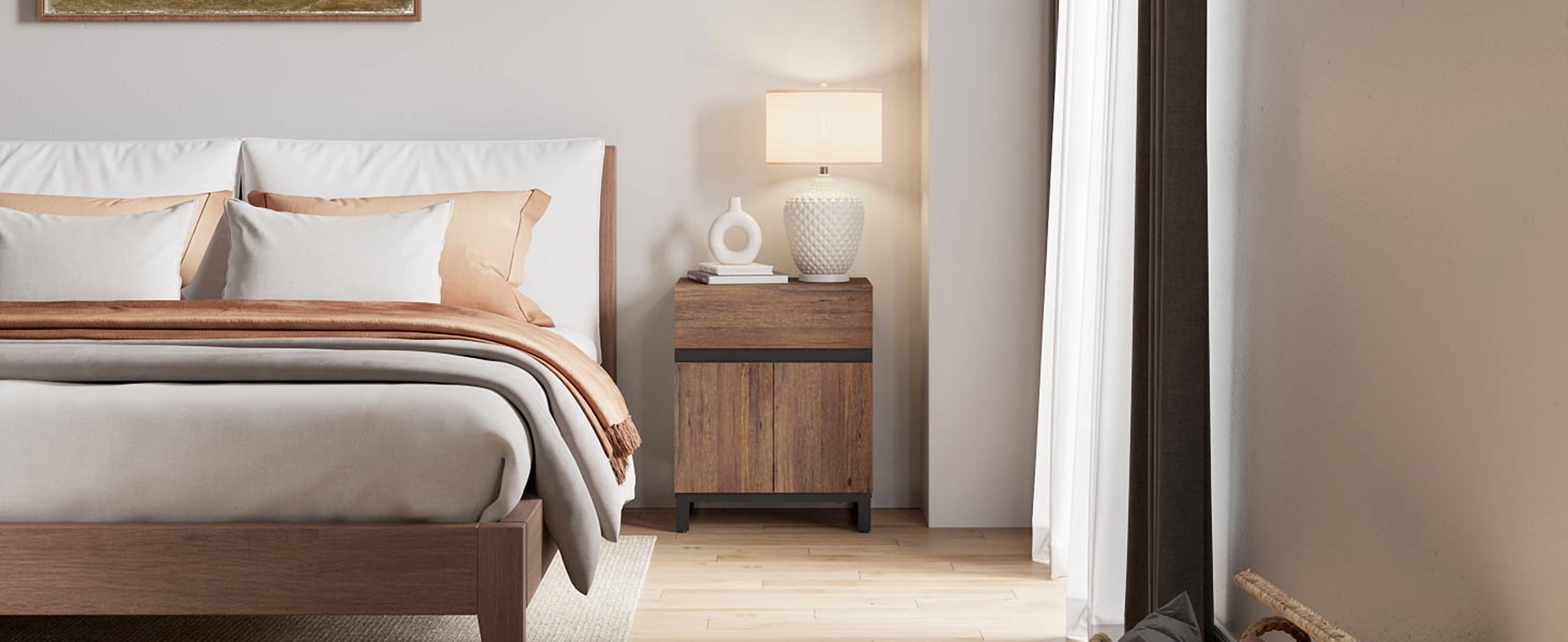 WAMPAT Nightstand with 1 Drawer & 1 Storage Cabinet, Modern Bedside Table with 2 Open Door for Bedroom, Wood Rustic Side End Table for Living Room, Brown