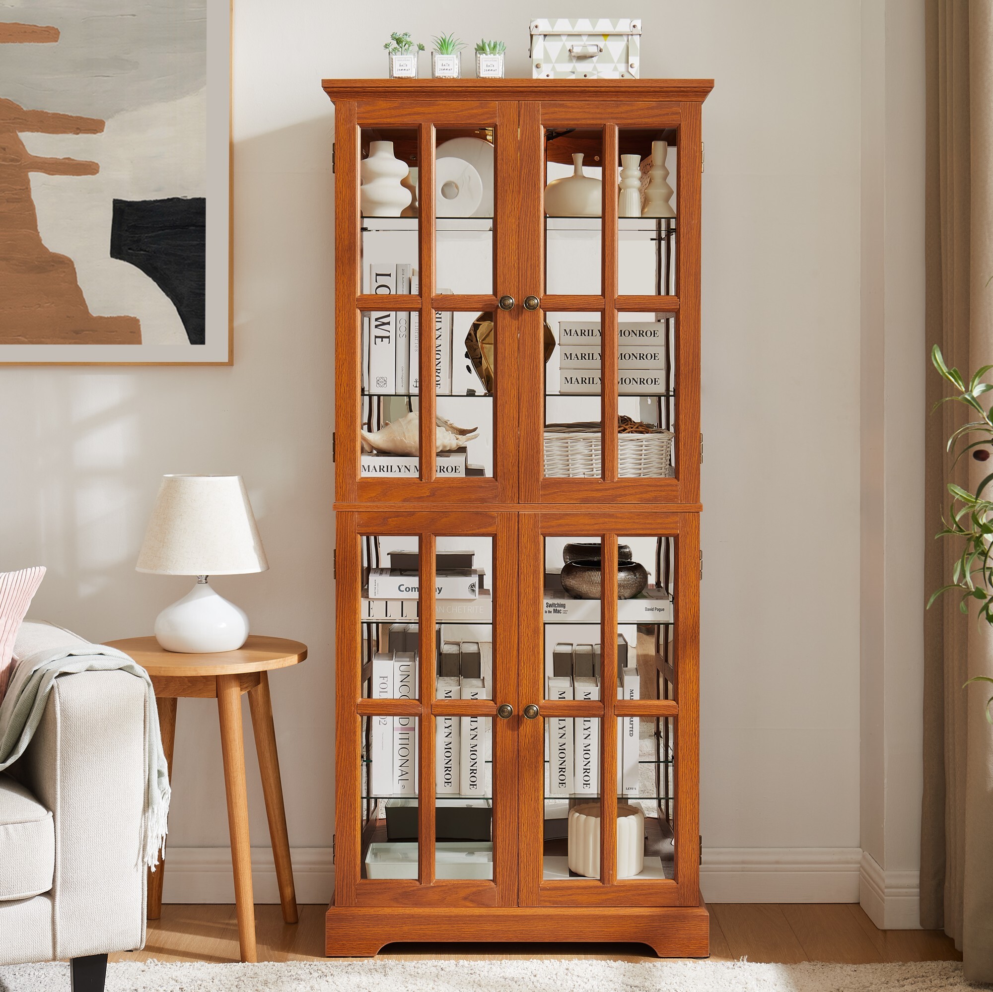 AENKYO Antique Glass Display Case with E26 Bulb & Adjustable Shelves - Elegant Curio Cabinet for Living Room, Dark Oak
