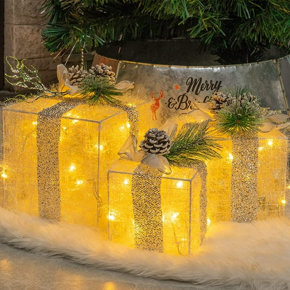 Pre-Lit Christmas Lighted Gift Boxes, 60 LED Light Up Present Boxes Decoration