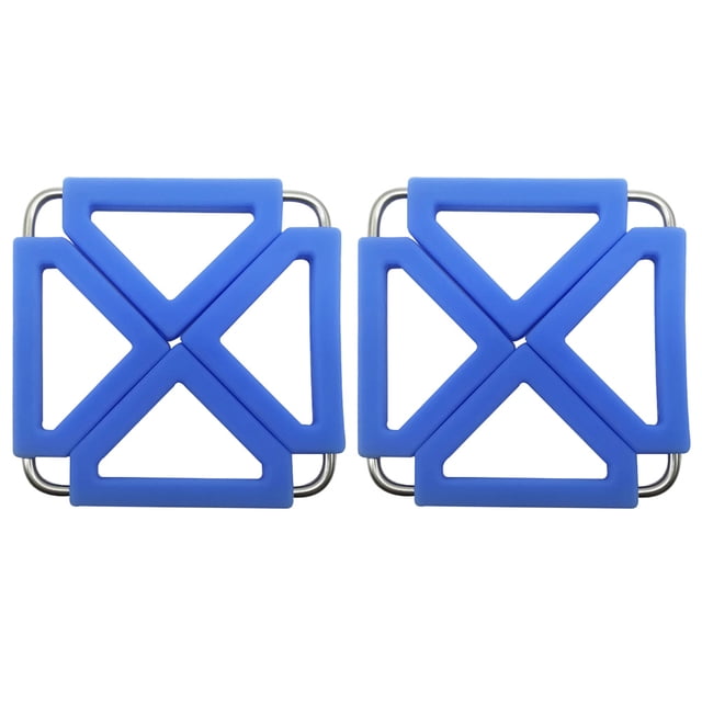 2 Pcs Silicone & Stainless Steel Hot Pot Holder Trivet Mat Heat Resistant Non-slip Square Foldable Table Pad Bowl Mat Cup Coasters (Blue)