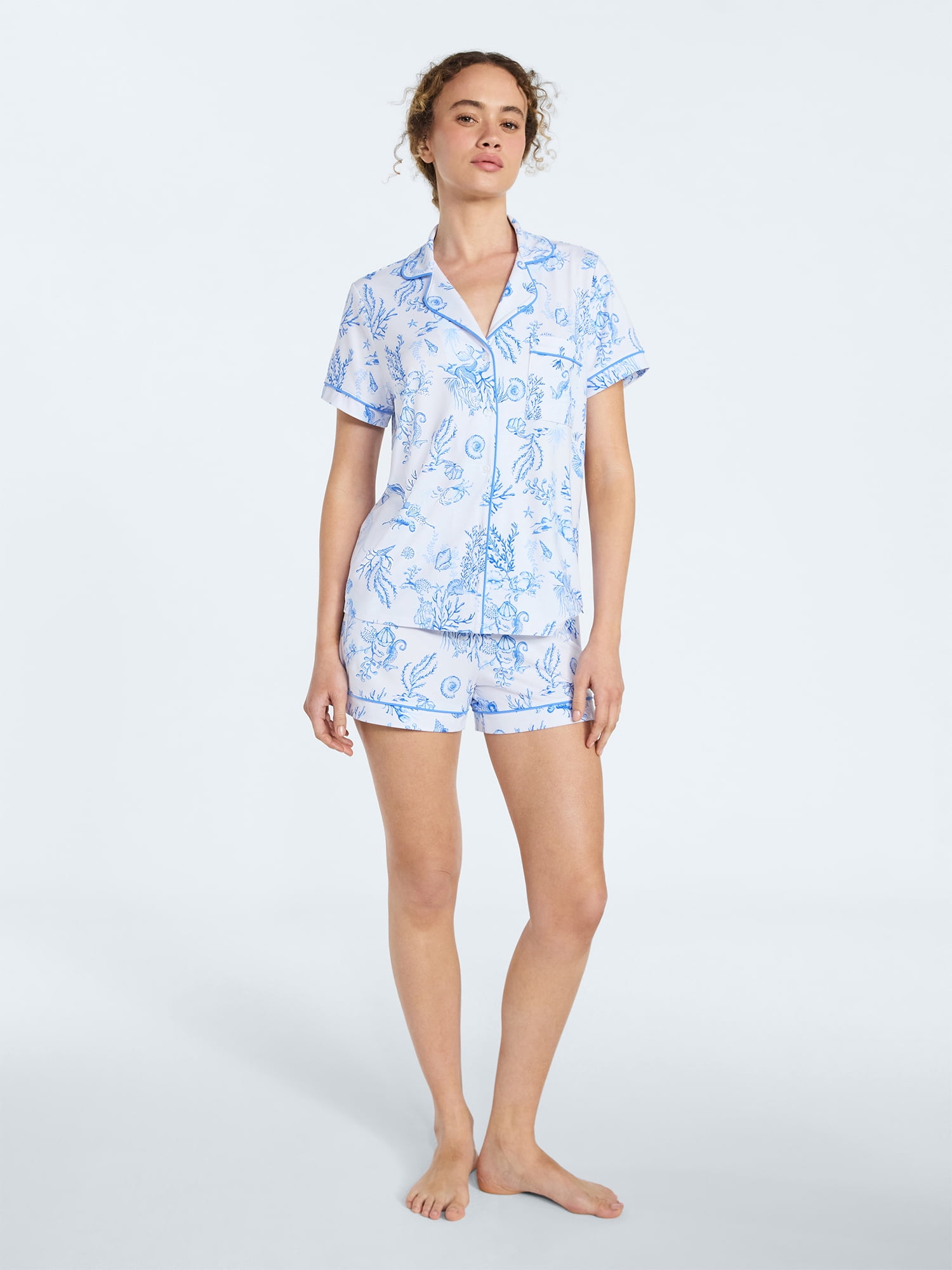 Joyspun Women’s Mommy and Me Notch Collar Top and Shorts Family Matching Pajama Set, Sizes XS-3X
