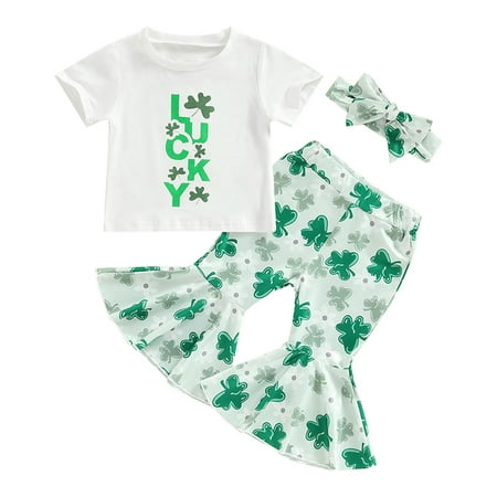 

Toddler Baby Girls Printed Lovely Spring Summer St. Patrick s Day Short Sleeve Casual Tshirt Tops Bell Bottom Headbands Set Clothes Baby Outwear