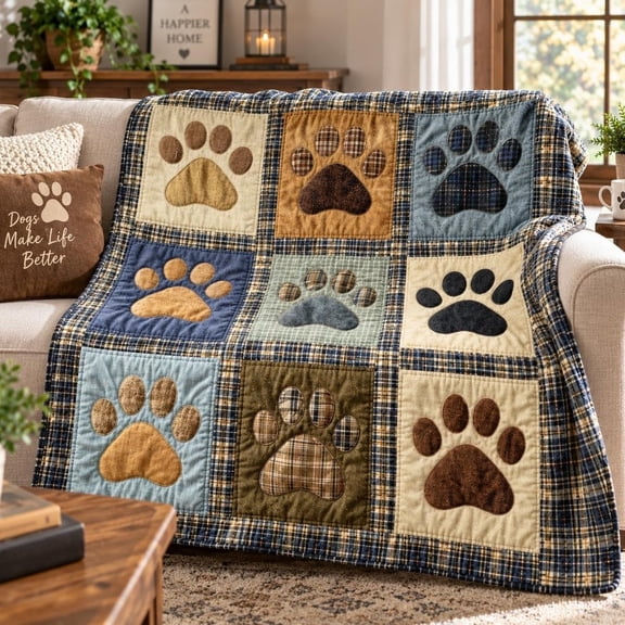 Cute Paw Print Soft Flannel Blanket , Patchwork Dog Lover Throw for Couch, Sofa and Bed