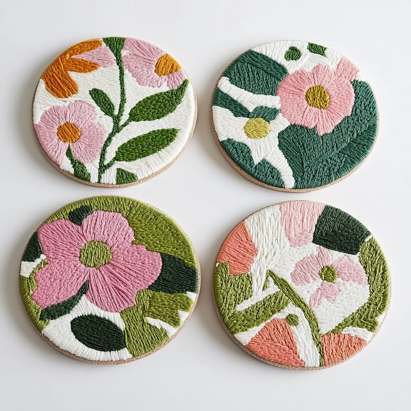 4 Set DIY Punch Needle Coaster Kits Wild Flowers Easy for Beginners with Adhesive Felt Hoop Punch Needle Embroidery Starter Set with Pattern for Drink Cups Mat Home Decor-5