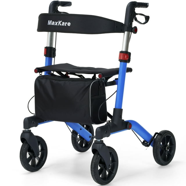 MaxKare Déambulateur à Roulettes avec Roues Tout-Terrain de 8”, Poignée Réglable à 8 Niveaux, Déambulateur Pliable pour Aînés avec Siège et Dossier, jusqu'à 300 Lb, Bleu