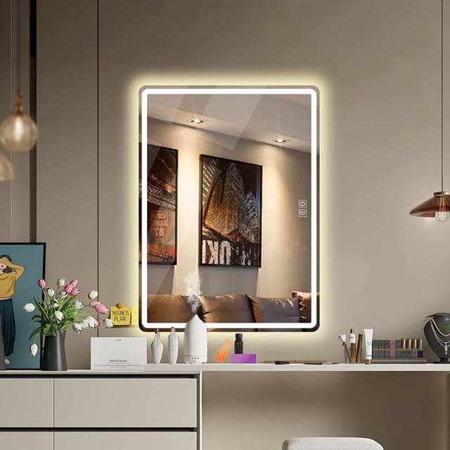 Espejo para Baño, Espejo LED de Baño Cuadrado, Espejo de Maquillaje, 40 x 60 cm, Marco Iluminado, Pantalla Táctil con desempañado HD, Regulable 3 Colores, 4 mm Vidrio Prueba Explosiones