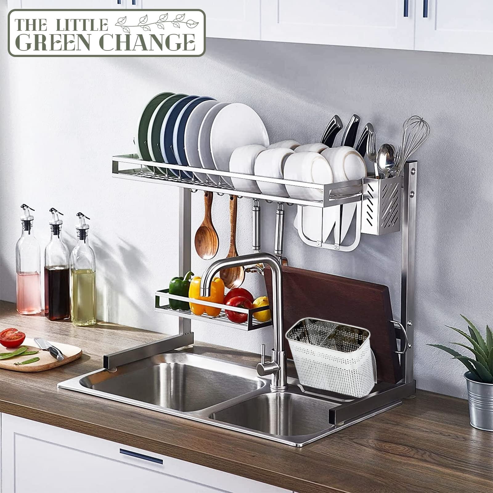 Kitchen Utensils Chopsticks Holder Drying Rack Basket With Hooks 2 Divided Compartments Quality Stainless Steel Large L5.4 X H4.3 W2.6