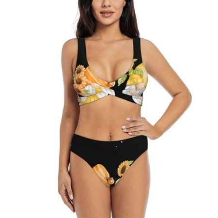 Zeuib Hello Spring Sunflower Gnomes High Waisted Tummy Control Bikini Set - Knot Front Push Up Top & Cheeky Thong Bottom  Two-Piece Swimsuit for Women-Small