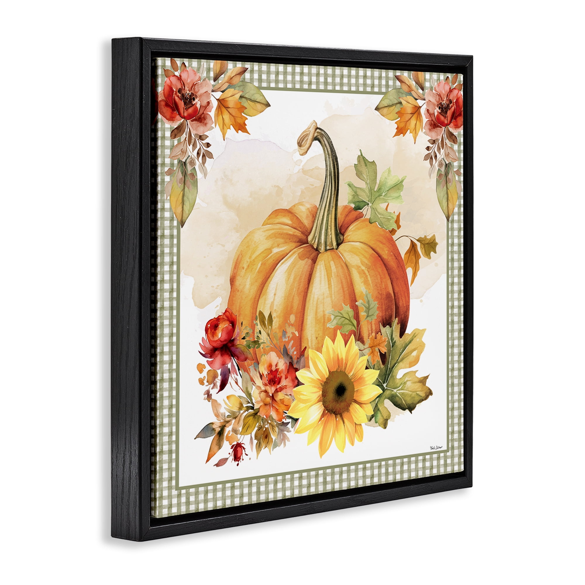 Stupell Industries Gingham Bordered Pumpkin Botanical & Floral Painting Black Floater Framed Canvas Art Prints Wall Art, 18 x 18
