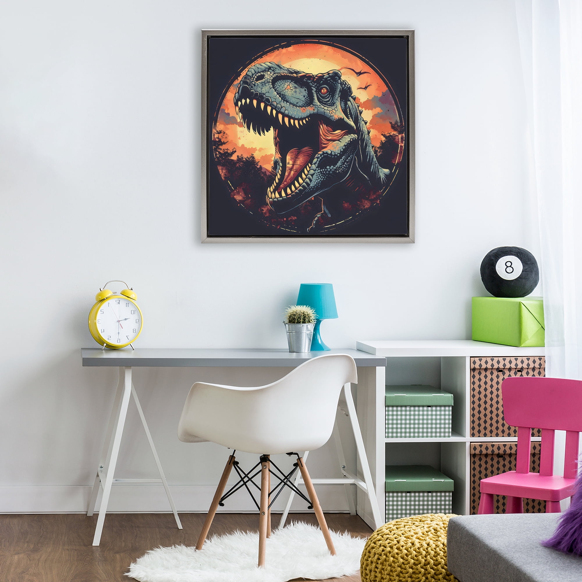 Stupell Industries Ancient Dino Roaring at Sunset Gray Framed Floater Canvas Wall Art, design by Creative Studio