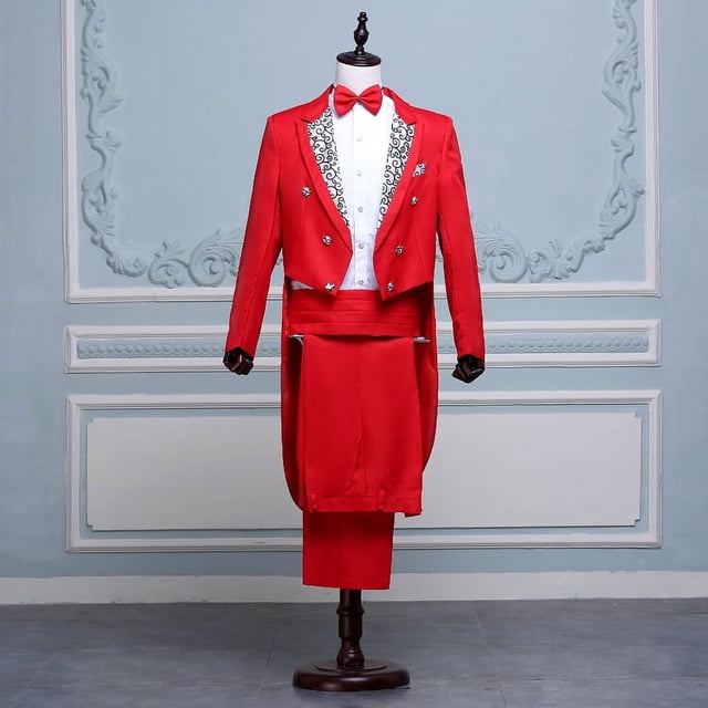Traje de esmoquin de vestir para hombre, traje de actuación, traje de mago, actuación escénica, traje de mando, cantante de Bel Canto, negro y blanco, rojo