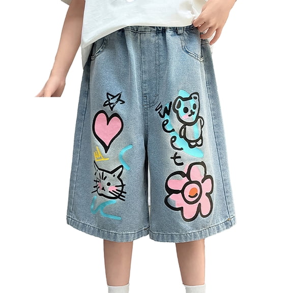 Kiijoy Summer Toddler Girls' Jean Shorts Cute Cartoon Wide Leg Pull On Denim Shorts, Sizes 4-5T