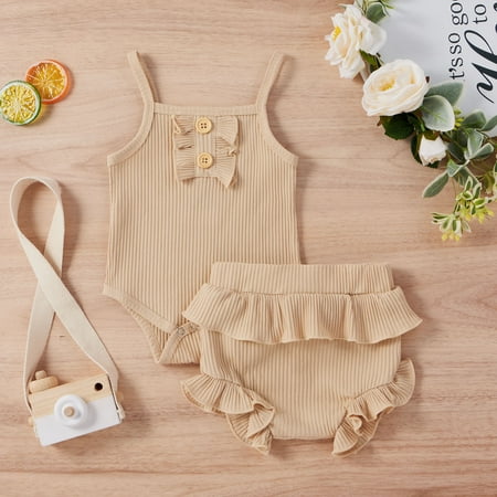 

DAETIROS Quick Drying New Solid Baby Daily Romper Ruffle Girls Shorts Beige