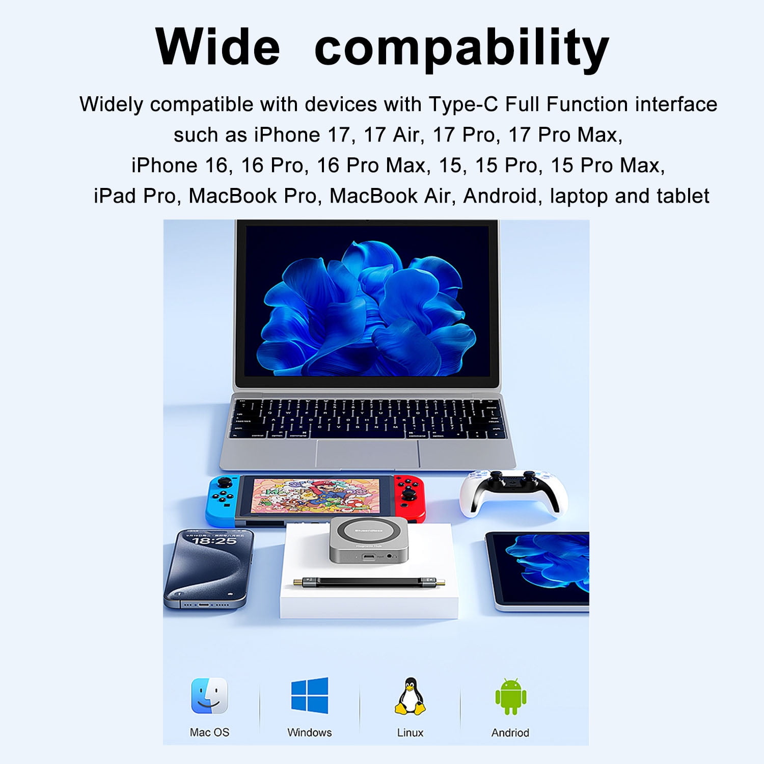 Magnetic USB C Hub with Magsafe for iPhone 17 16 15 Pro Max, 8 in 1 Type-C Docking Station 4K@60Hz HDMI SD3.0 TF3.0 Card Solt 100W PD 10Gbps USB-C AUX for MacBook Pro Air, iPad Pro,