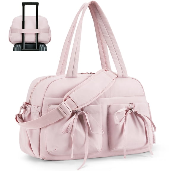 BAGSMART Travel Duffel Bag for Women, Lightweight Fashion Tote Handbag With Bowtie, Water-Resistant Weekender Overnight Sport Gym Bag, Pink