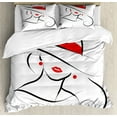 thumbnail image 1 of Lips Duvet Cover Set Queen Size, Lady Wearing a Hat Portrait White Background Black Stroke Contour Drawing, 3 Piece Bedding Set with 2 Pillow Shams, Charcoal Grey Vermilion, by Ambesonne, 1 of 3