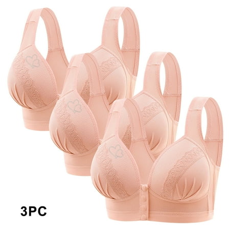 GERsome Clearance 3Pcs Assorted Color Bras for Older Women Comfortable Convenient Front Closure Button Bras for Older Comfort Wireless Bras for Women Plus Size Full Coverage No Underwire Bra