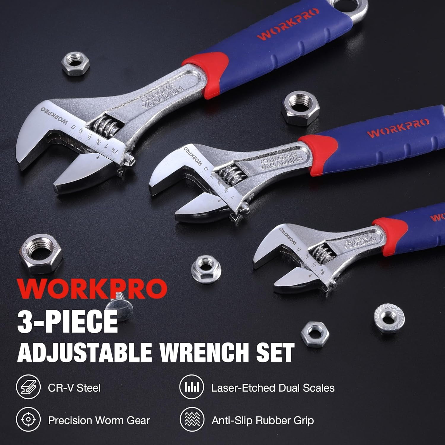 3-piece Adjustable Wrench Set CR-V with Rubberized Anti-Slip Grips 10-inch, 8-inch, 6-inch