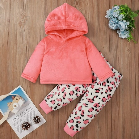 

Floleo Girls Kids Outfits Toddler Kids Baby Girls Flannel Warm Leopard Print Hooded Coat Pants Set Outfits