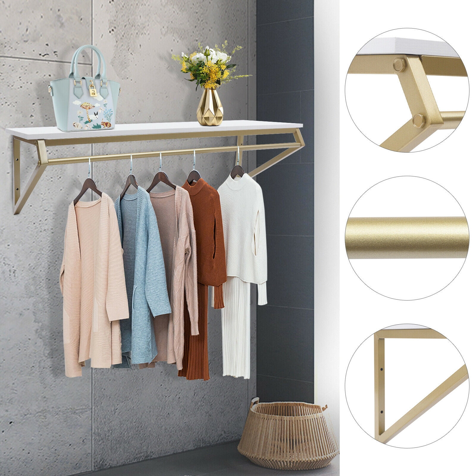 TFCFL Gold Wall Mounted Clothes Rack with Top Shelf Coat Industrial ...