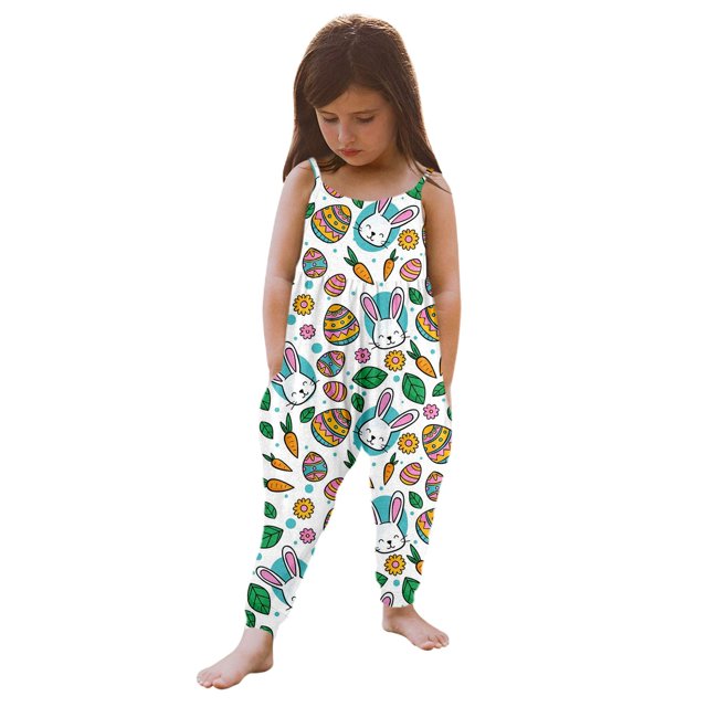 Combinaison Fille Sans Manches Imprimé Lapin de Pâques Œuf Printemps Été Combinaison Quotidienne Adorable 2-3 Ans