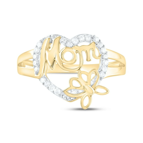 10kt Yellow Gold Womens Round Diamond Mom Mother Heart Butterfly Ring 1/6 Cttw