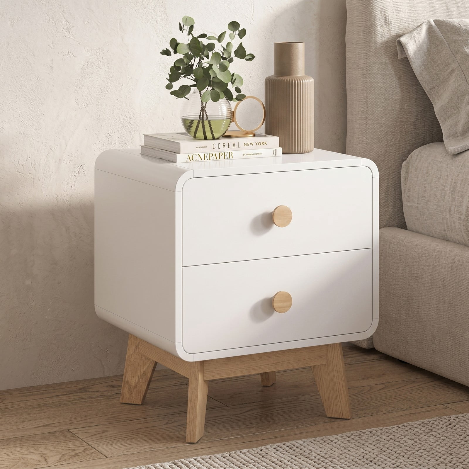 Furnibear Nightstand Set of 2 with 2 Drawers Each and Solid Rubber Wood Legs, Mid-century Bedside Tables for Bedroom, White