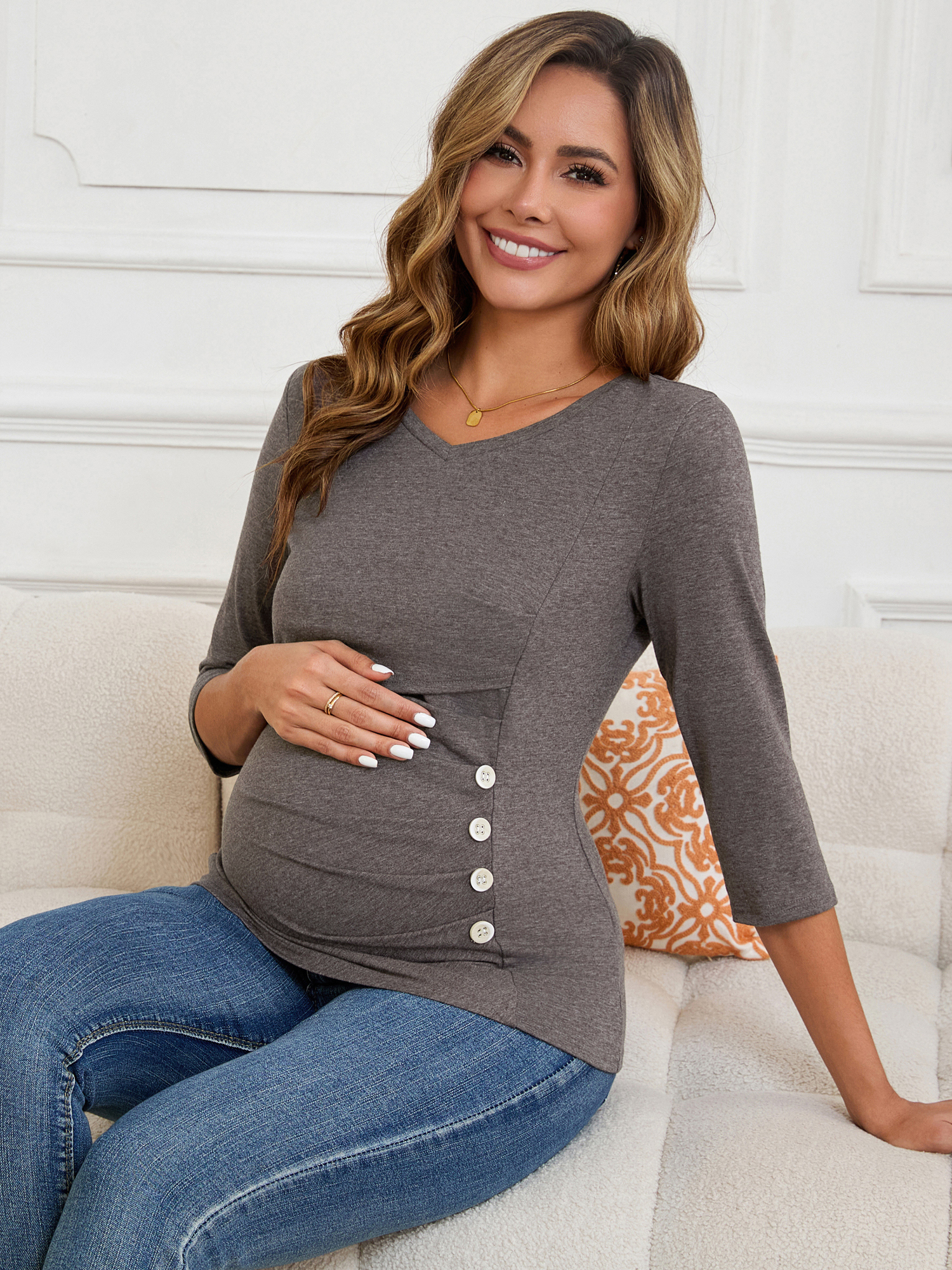DARING DIVA Women's 3/4 Sleeve Ribbed Knit Nursing Maternity Shirts XL Brown