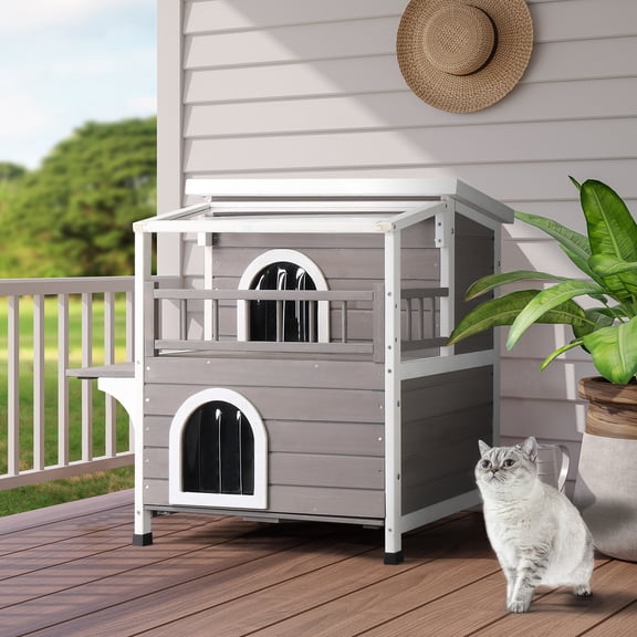 Ktaxon Outdoor Cat House Wooden, 2-Story Outside Cat Shelter Condo Enclosure with Escape Door, Weatherproof Openable Roof, Gray