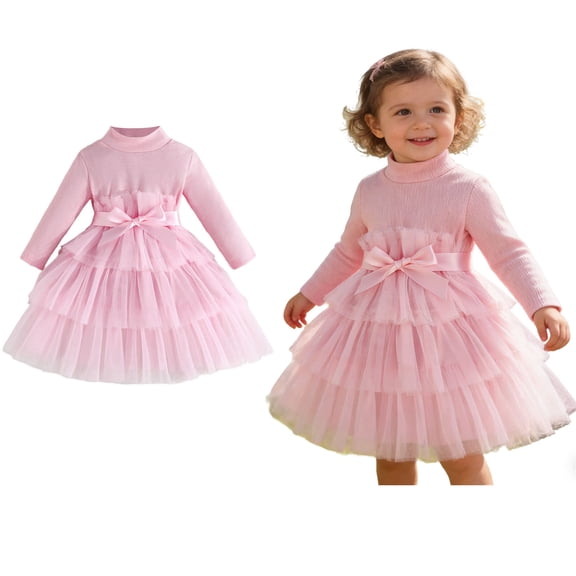 Baby Valentine Dresses for Girls Long Sleeve Tiered Tulle Dresses with Bow Spring Dresses Girl Birthday Dress 9-12 Months
