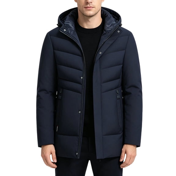 LYSMORA Mens Mid Length Detachable Hood Quilted Puffer Coat Zip Snap Windproof Winter Warm Parka Business Casual Outerwear Jacket