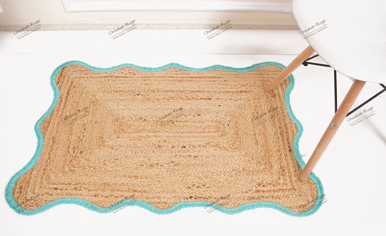 Rectangle Rug Natural Jute Rug Hand Braided Beige And Turquoise Color Area Rug