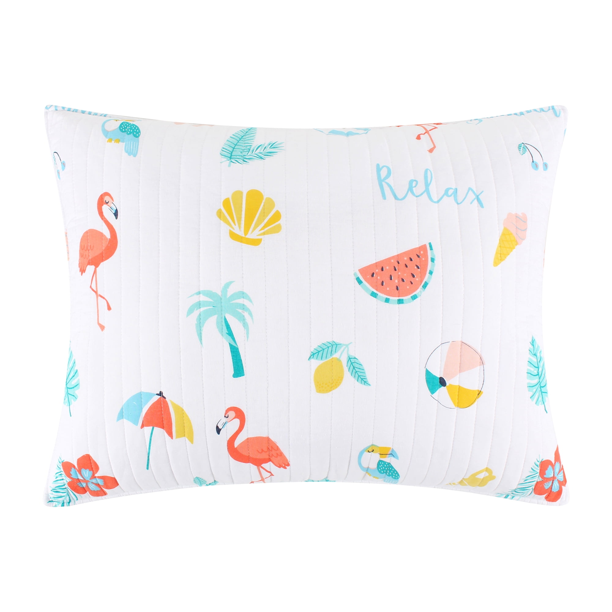Levtex Home - Summertime Quilt Set - King Quilt and Two King Shams - Coastal Beach - Teal, Coral, Yellow, Blue and White - Quilt (106x92in.) and Shams (20x36in.) - Reversible - Cotton