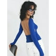 thumbnail image 5 of Women'S Open Back Long Sleeve Slim Crew Neck T-Shirt Y2K Crop Top Solid Color Casual Retro Fashion T-Shirt Royal Blue XS, 5 of 8